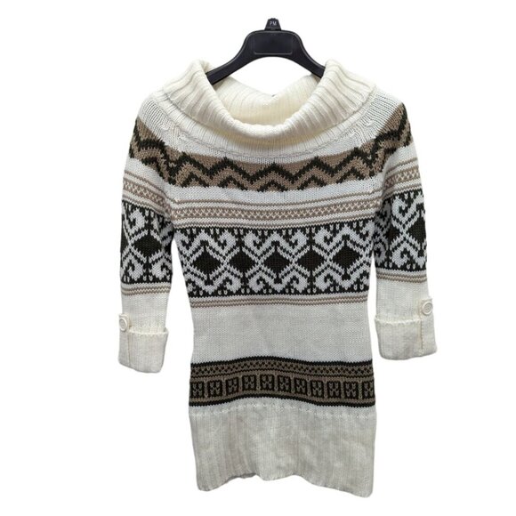 Wet Seal Cream Brown Green Fair Isle Cowl Neck Bodycon Sweater Dress Size Small - Picture 1 of 3